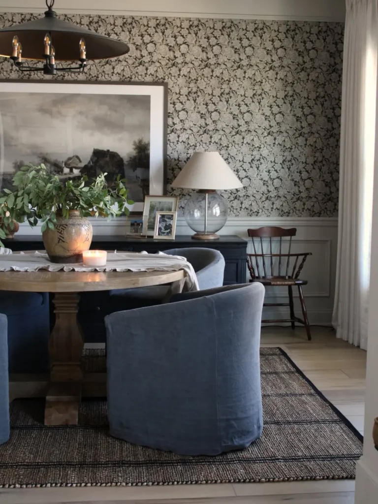 Moody Dining Room With Floral Wallpaper Wall