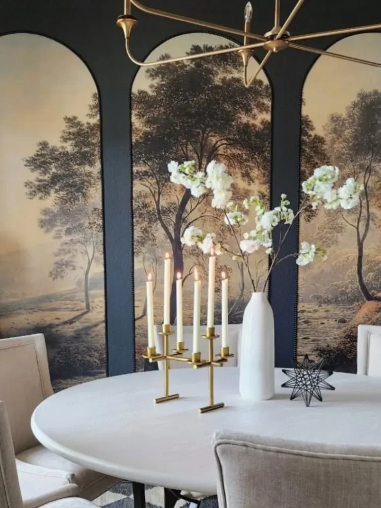 Moody Dining Room With Scenic Panel Wall Mural