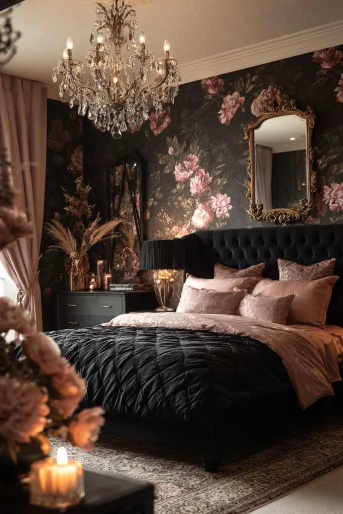 Moody Floral Black Bedroom with Chandelier