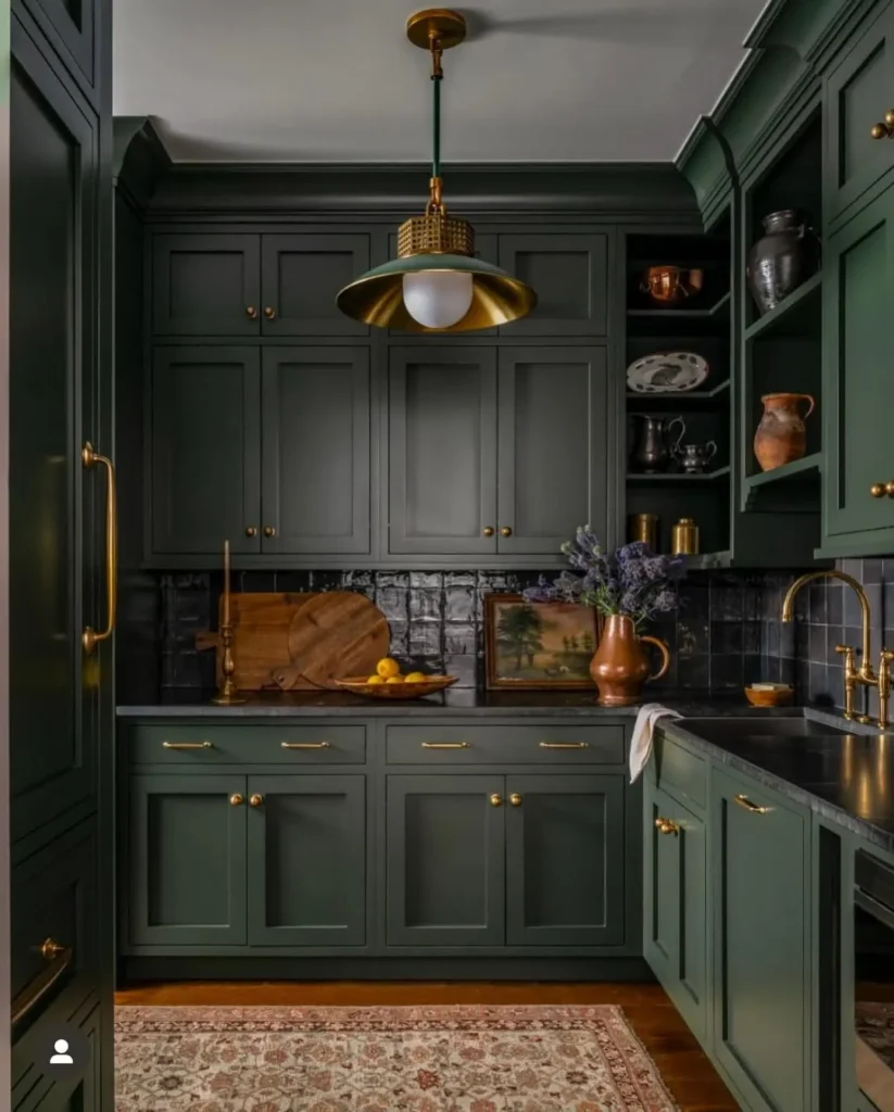 Moody Green Kitchen with Dark Countertops