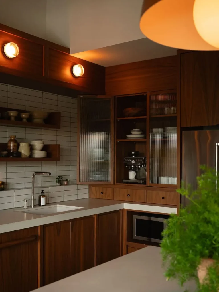 Moody Wood Kitchen with Ribbed Glass Cabinets