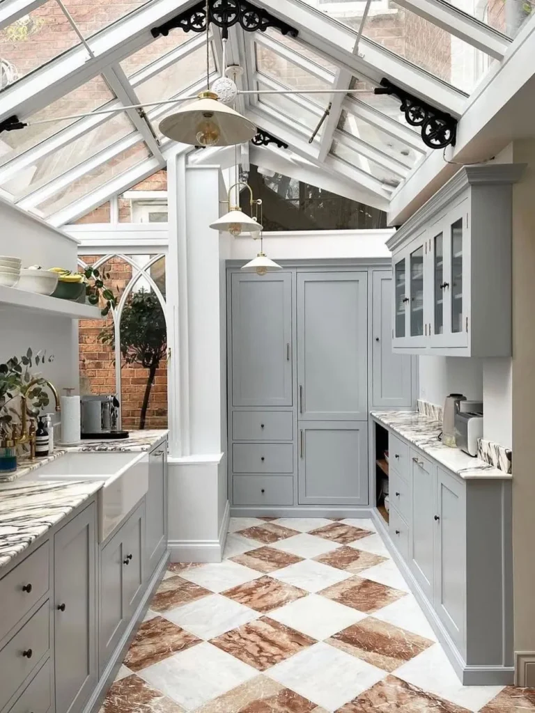 Narrow Conservatory Kitchen With Marble Check Floor