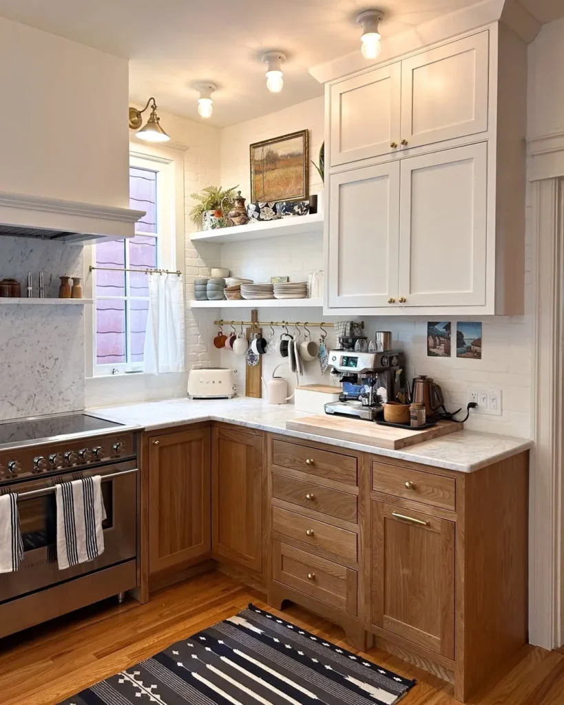 Natural Oak Lower Cabinets with White Uppers