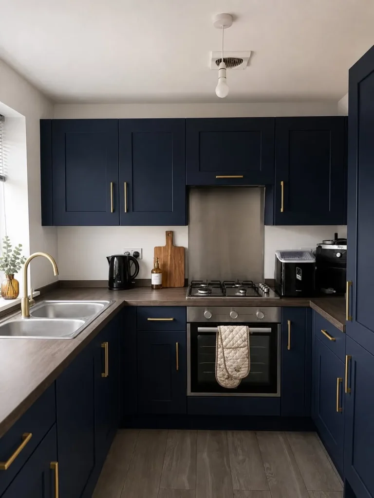 Navy Blue Cabinets with Brass Hardware