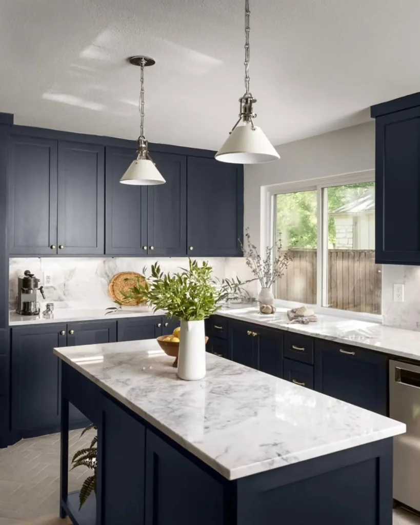 Navy Blue Kitchen Island with Marble Counter
