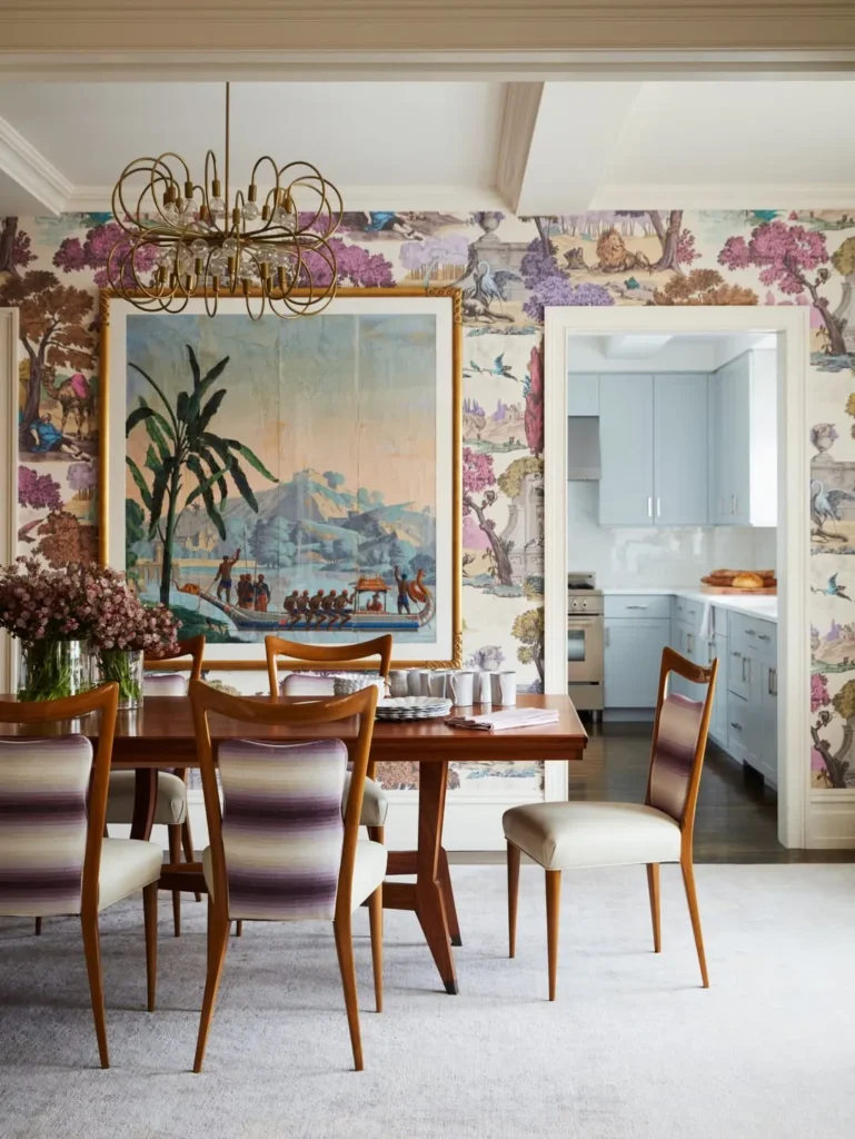 Navy Grasscloth Dining Room Wallpaper With Crystal Chandelier