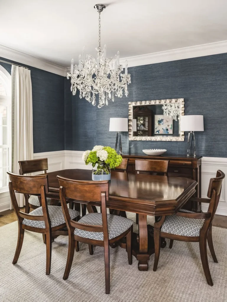 Navy Grasscloth Walls With Crystal Chandelier