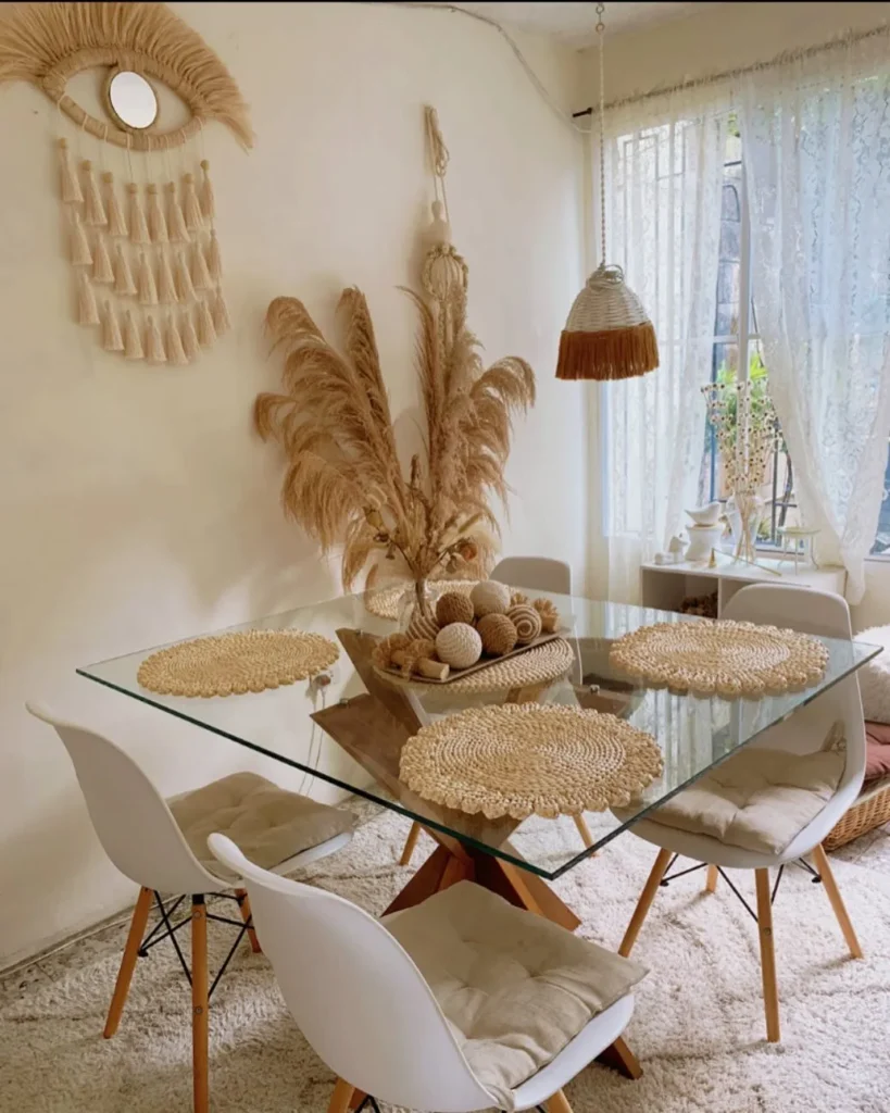 Neutral Boho Dining Room With Glass Table