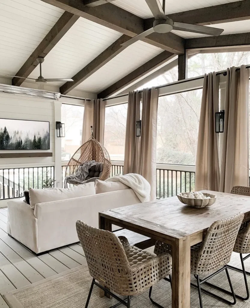 Neutral Screened Porch with Dining Area and Hanging Chair