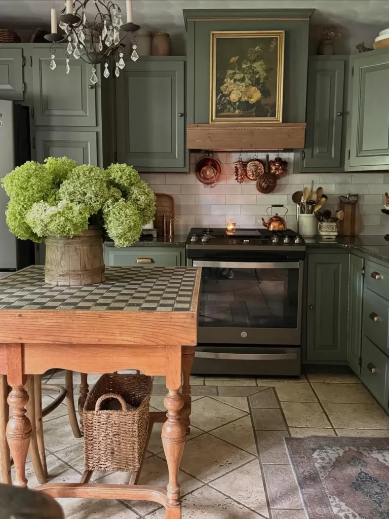 Olive Green Kitchen with Rustic Island Table