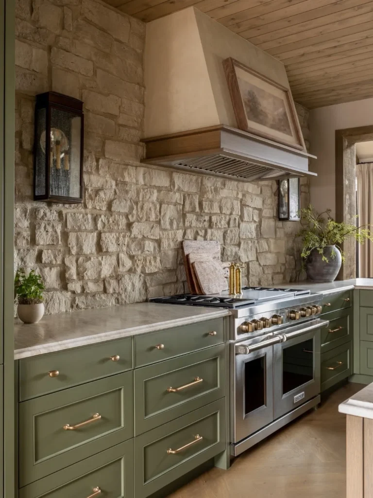 Olive Green Kitchen with Stone Backsplash