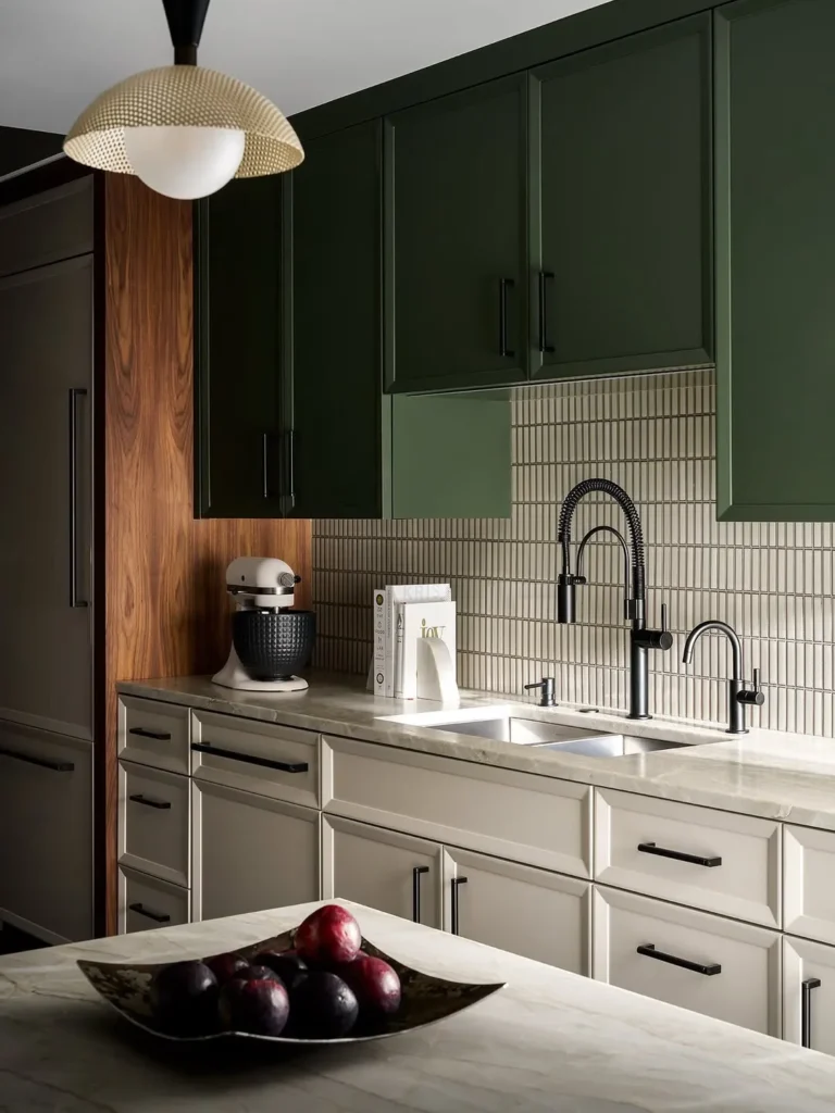Olive Green Kitchen with Walnut Trim and Marble Counters