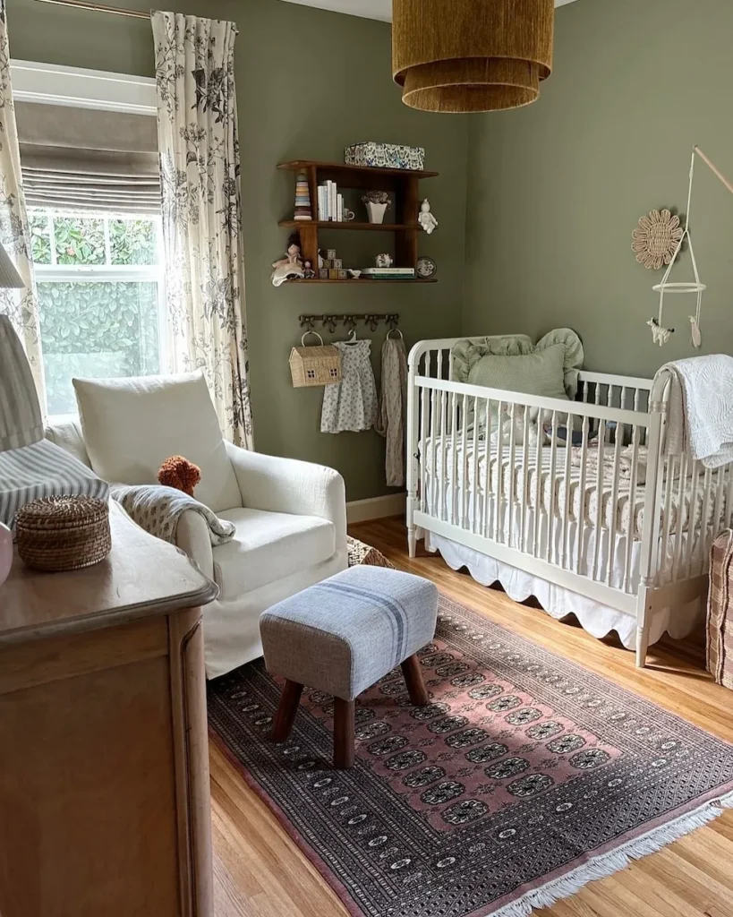 Olive Green Nursery with White Crib