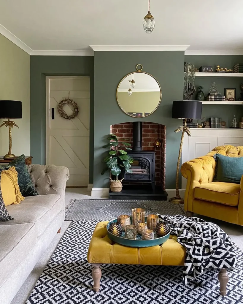 Olive and Mustard Living Room with Fireplace