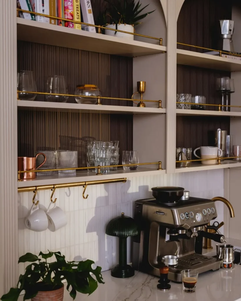 Open Shelf Espresso Bar with Brass Rails