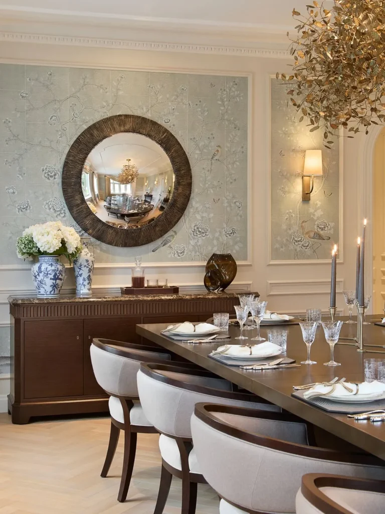 Panel-Style Wall Finish With a Round Statement Mirror
