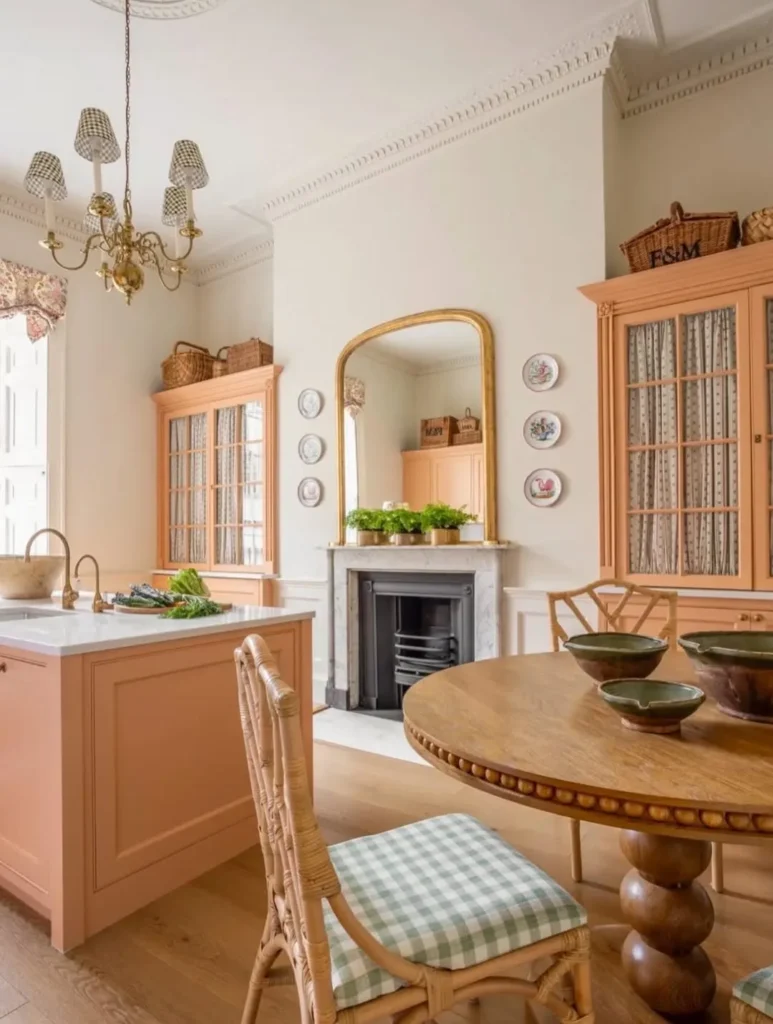 Peach-Toned Dining Nook with Vintage Charm