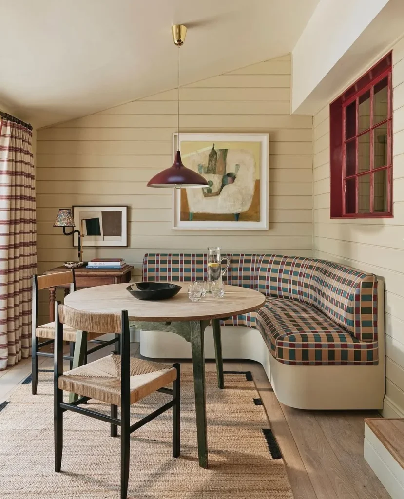 Plaid Corner Seating with a Modern Round Table