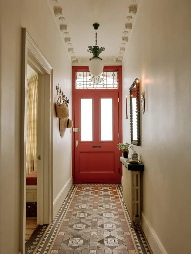 Red Front Door Hallway with Vintage Tile