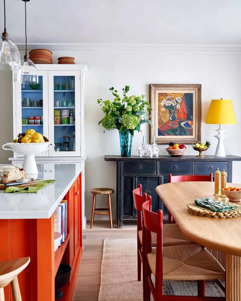Red Island in a Colorful Dining Kitchen