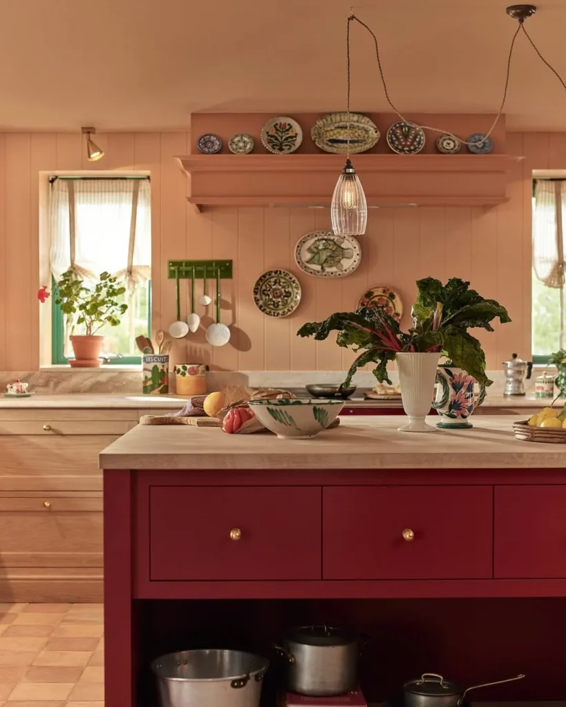 Red Kitchen Island with Warm Vintage Style