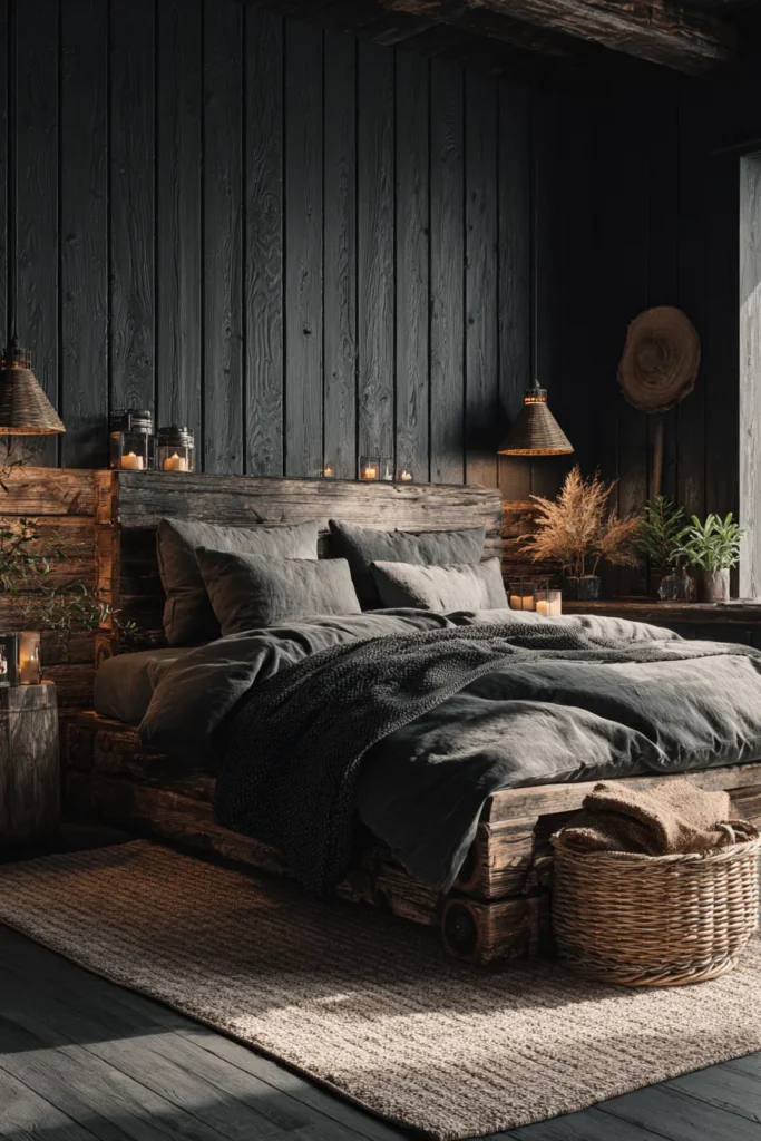 Rustic Black Bedroom with Reclaimed Wood Bed