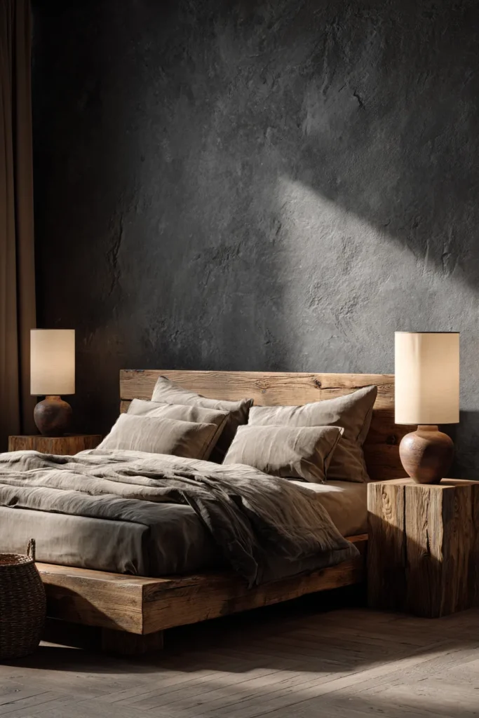 Rustic Black Bedroom with Wooden Platform Bed