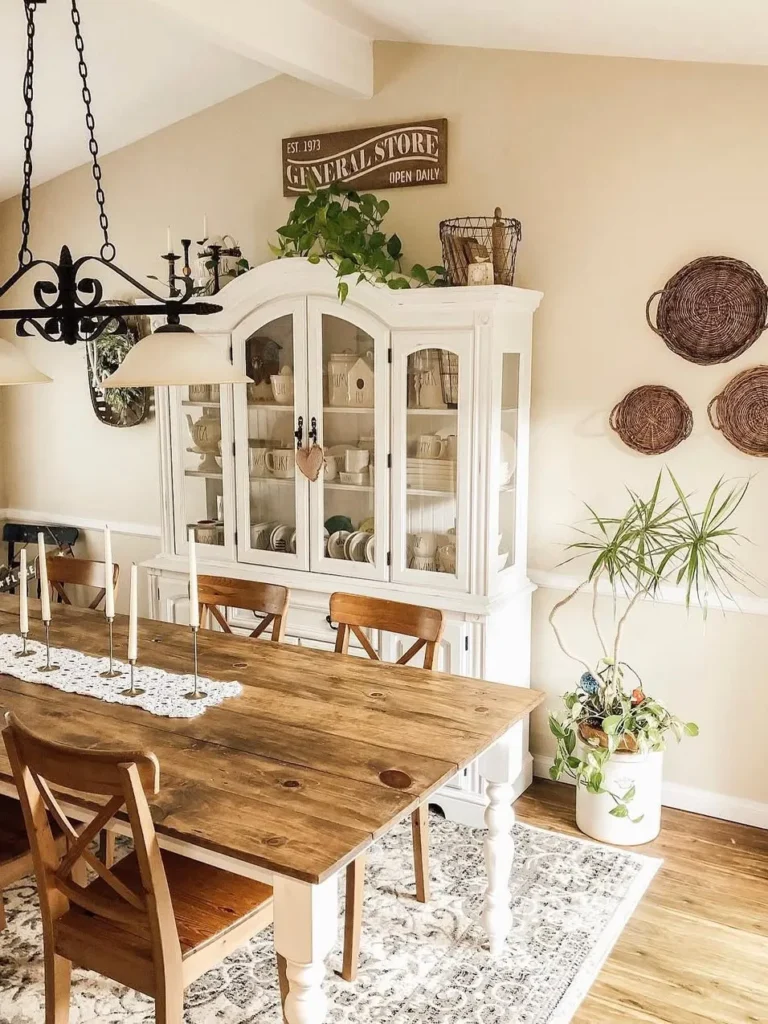 Rustic Dining Space with White Hutch
