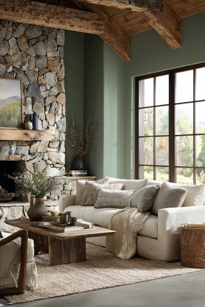 Rustic Green Living Room with Stone Fireplace