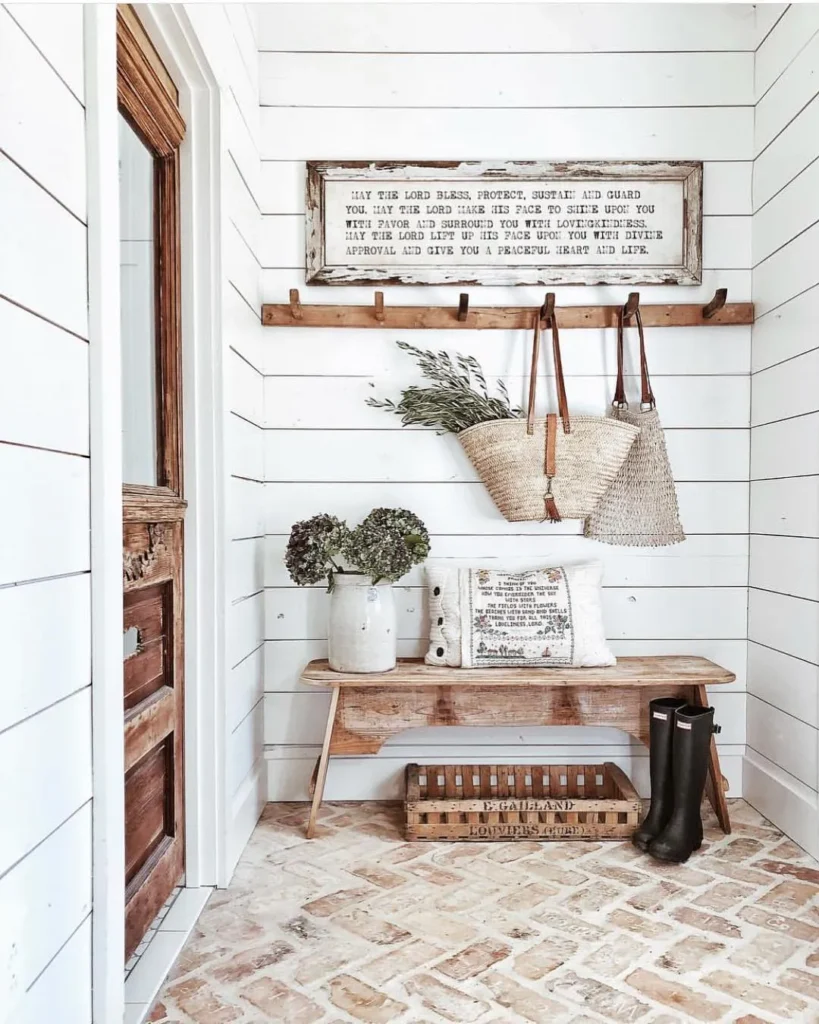 Rustic Shiplap Entry Corner with Wooden Bench