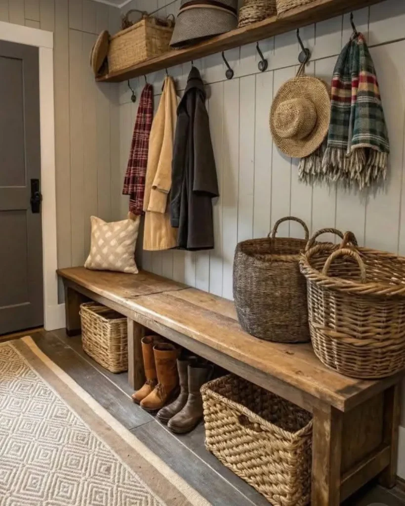 Rustic Wood Bench with Woven Basket Storage