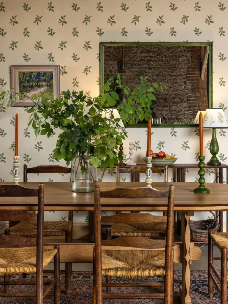 Rustic Wood Table Against a Tiny Leaf Print