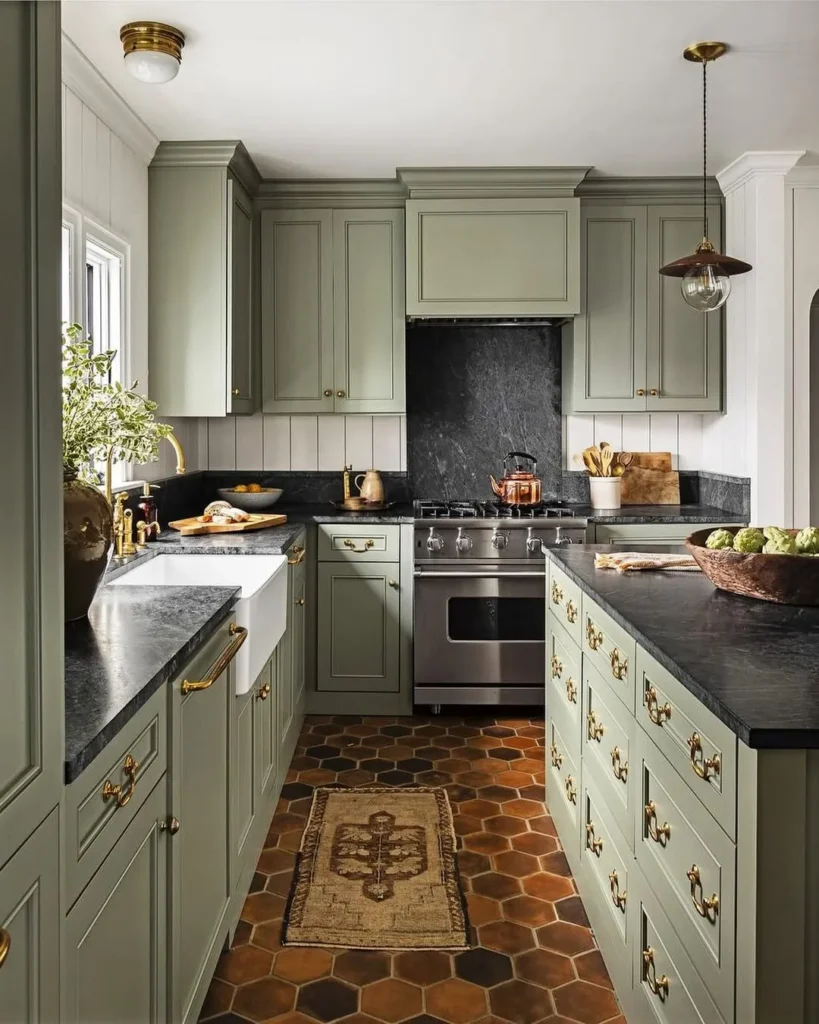 Sage Green Kitchen with Hex Tile Floor