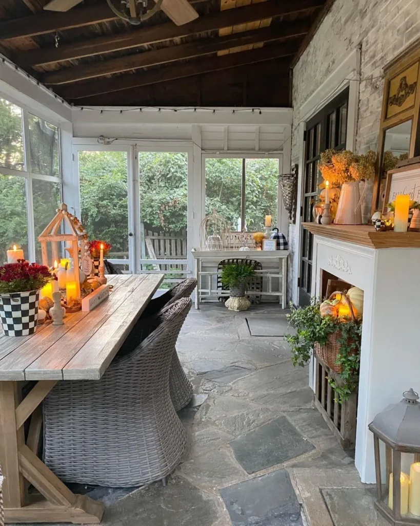 Screened Porch Dining Space with Candlelit Decor