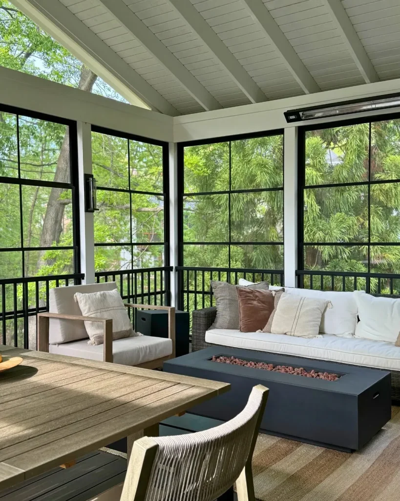 Screened Porch Dining and Fire Table Setup