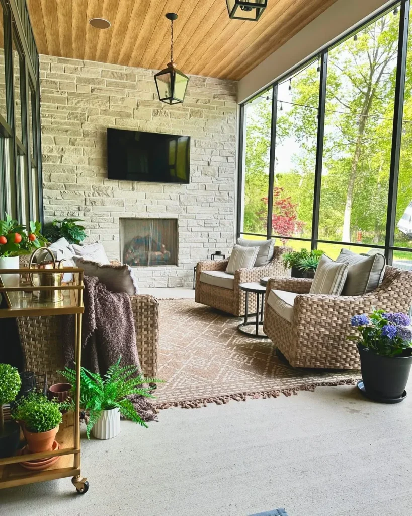Screened Porch with Fireplace and Wicker Seating