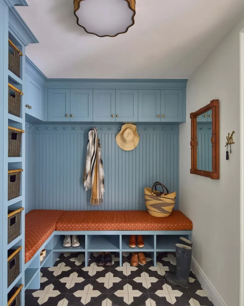 Sky Blue Bench Nook with Patterned Tile Floor