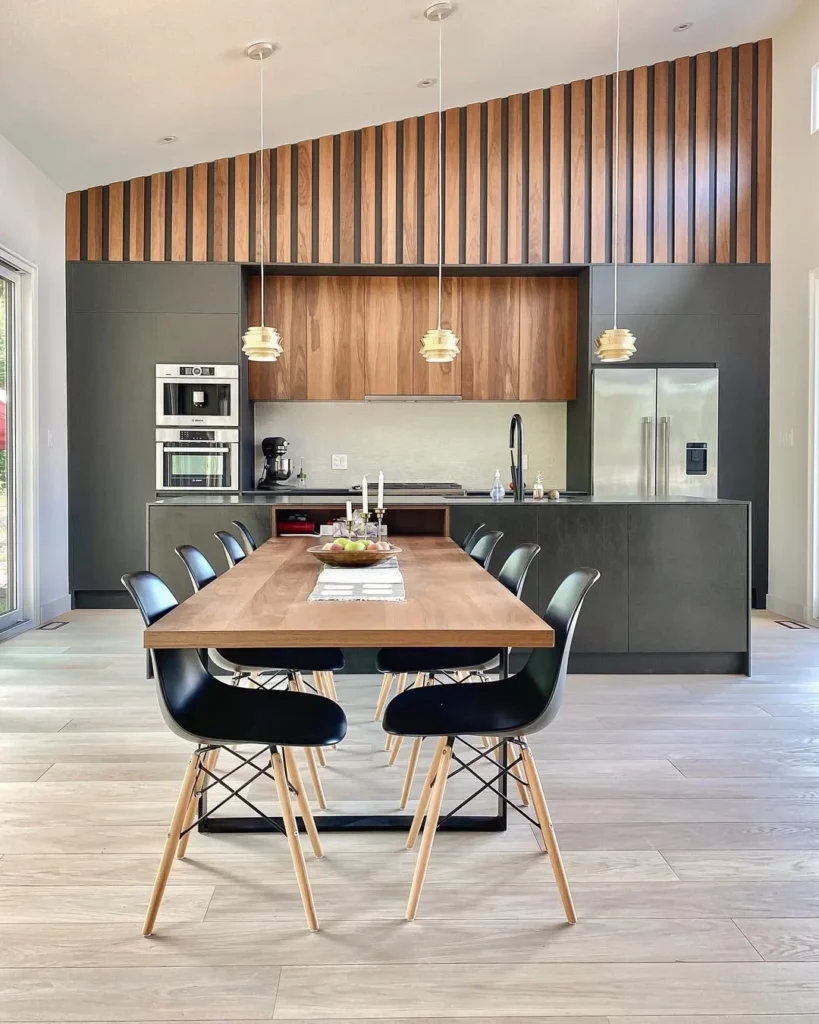 Slatted Wood Accent Wall Kitchen with Dining Table