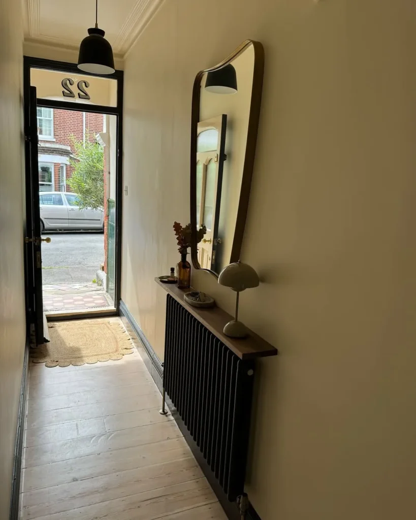Slim Entryway with Mirror Over Radiator Shelf