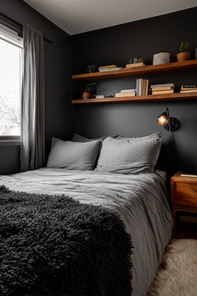 Small Black Bedroom with Floating Shelves