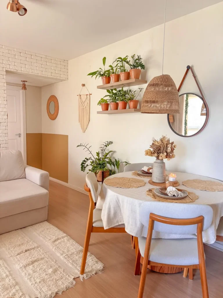 Small Boho Dining Room With Plant Shelf Wall