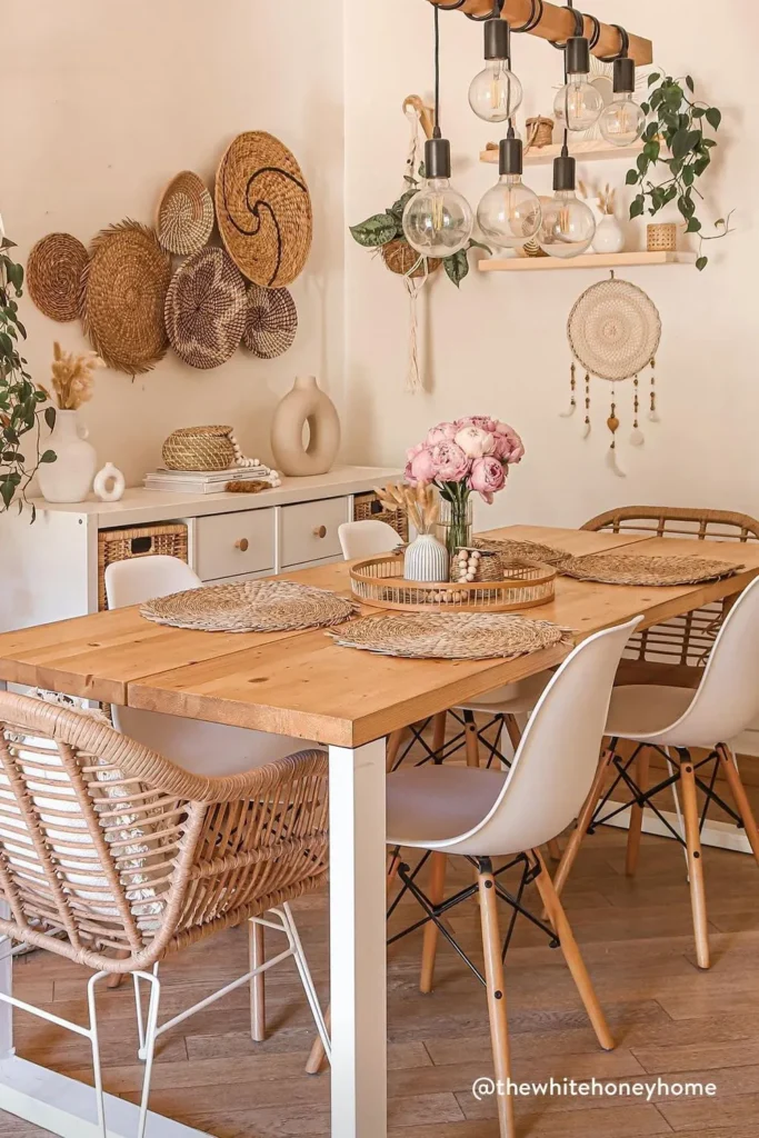 Soft Beige Dining Room With Woven Accents