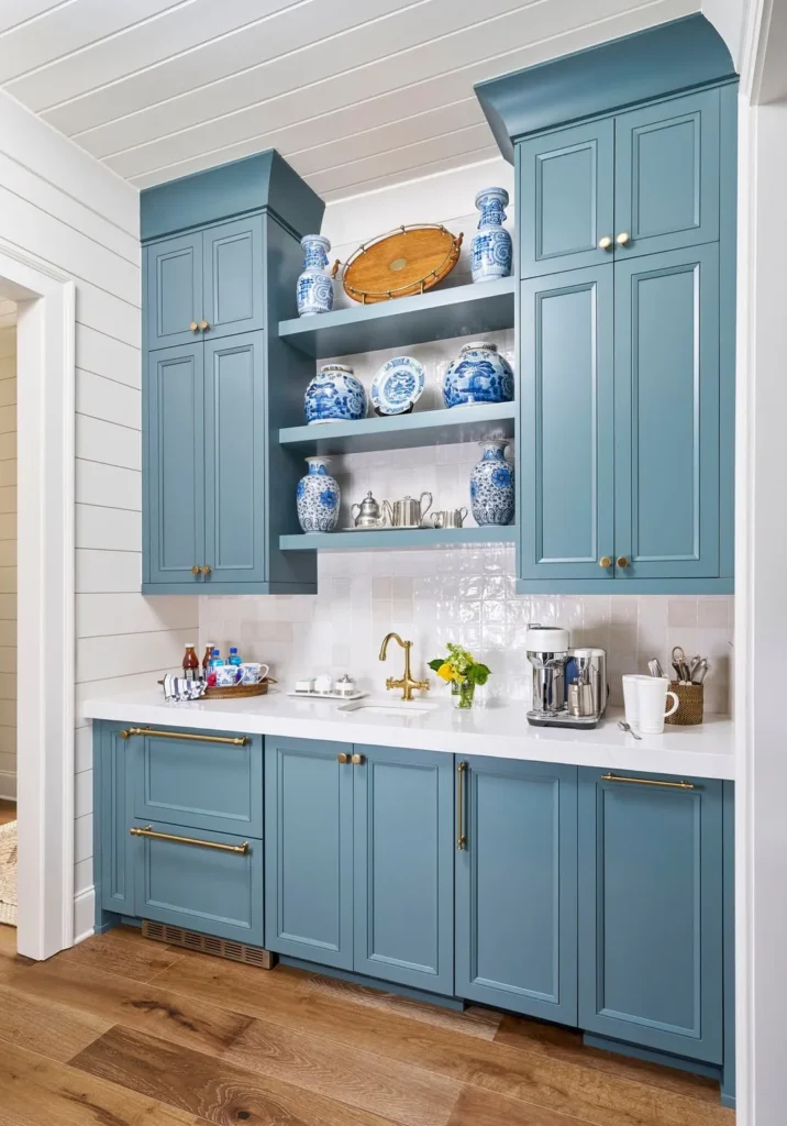 Soft Blue Kitchen Cabinets with Open Display Shelves