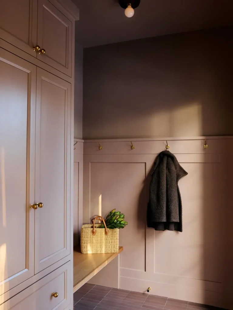 Soft Blush Mudroom Corner with Brass Hooks