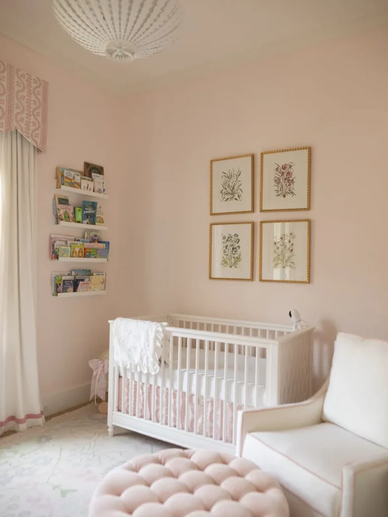 Soft Blush Nursery with Book Ledge Wall