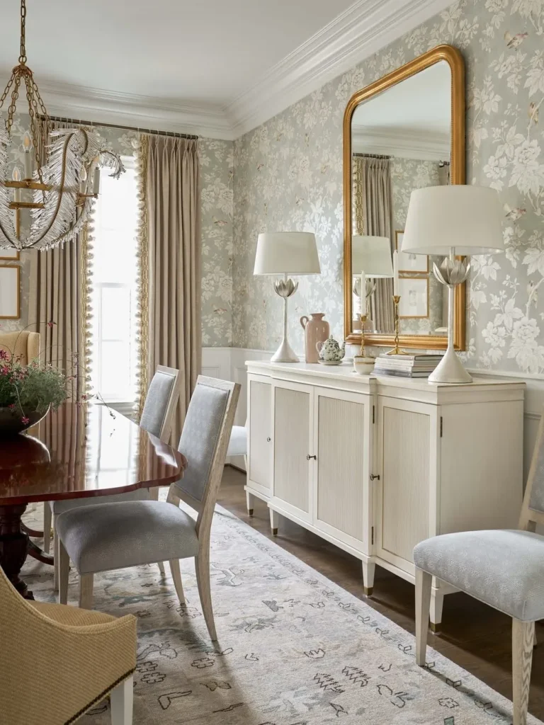 Soft Floral Dining Room Wallpaper With Gold Mirror