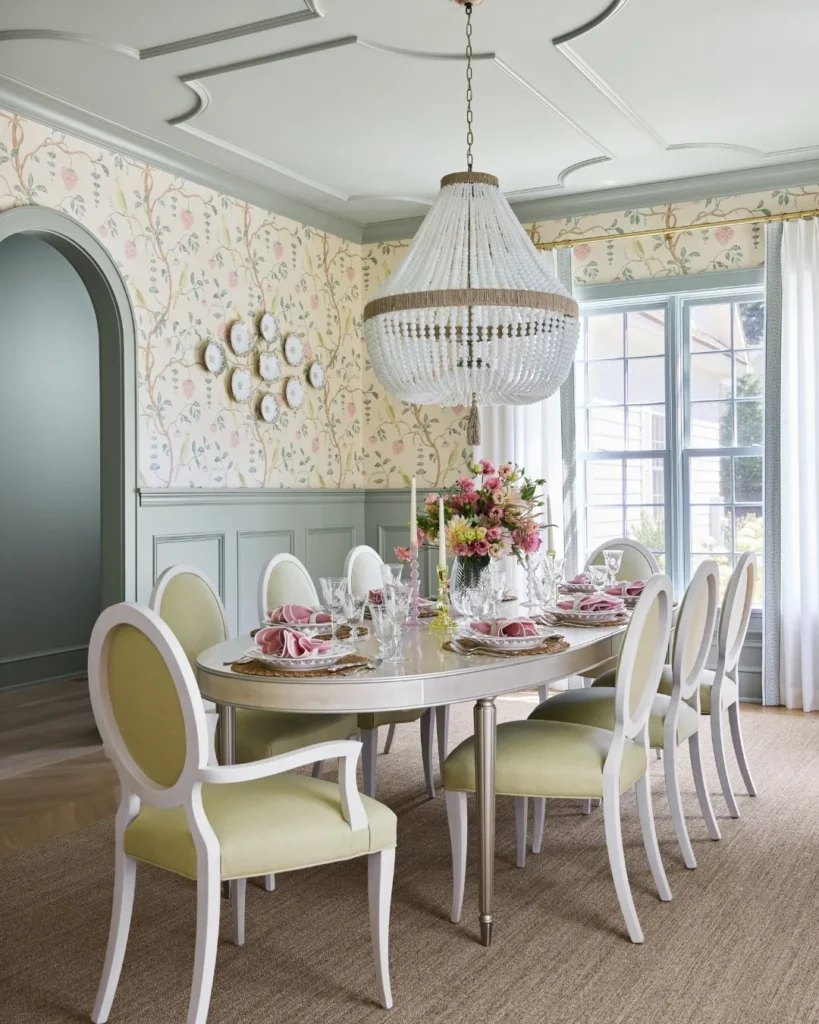 Soft Floral Wallpaper With Sage Paneling