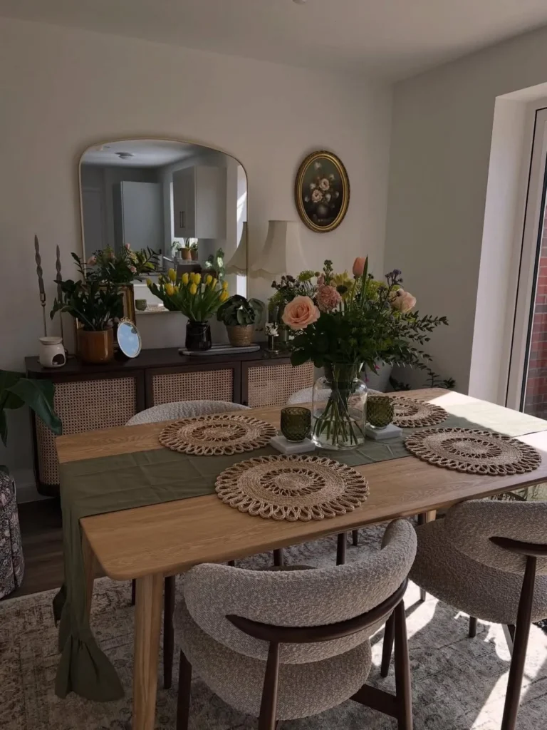 Soft Neutral Dining Room With Cane Sideboard