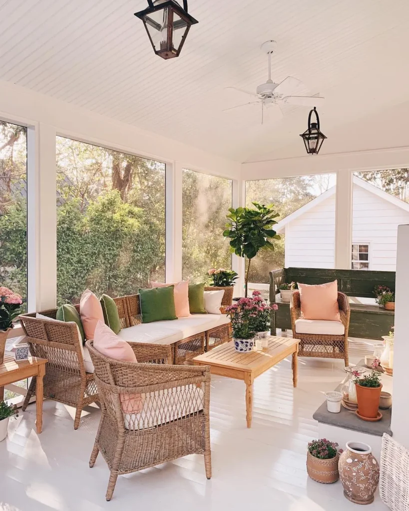 Soft Pastel Screened Porch with Wicker Furniture