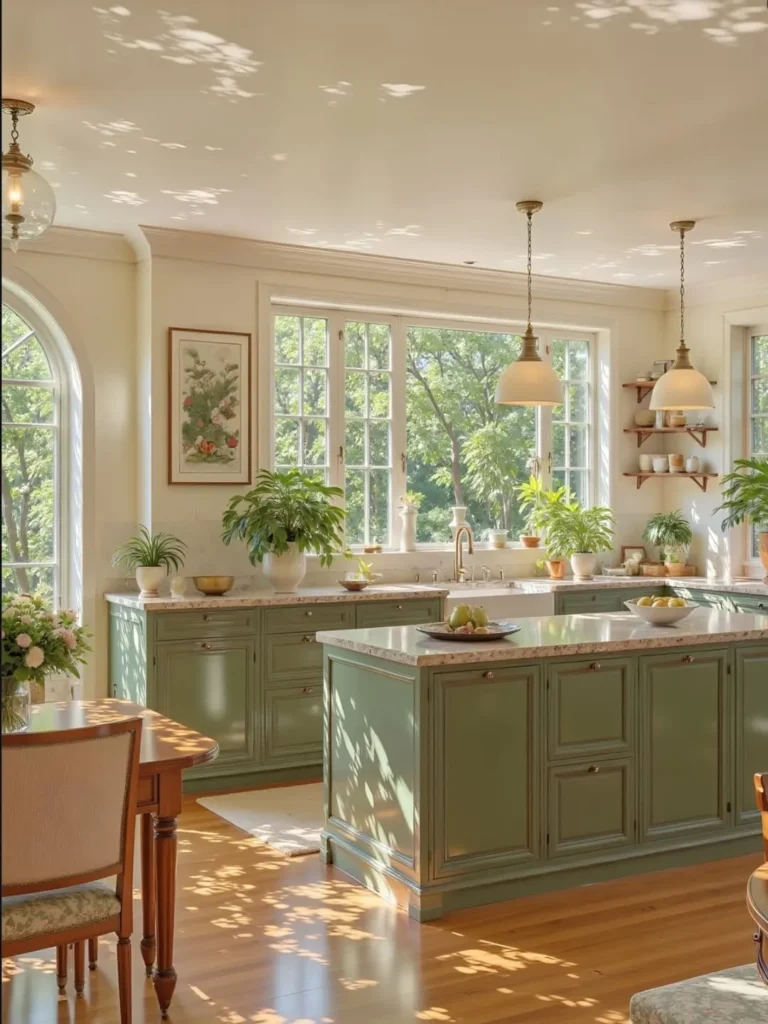 Soft Sage Green Kitchen with Sunlit Windows